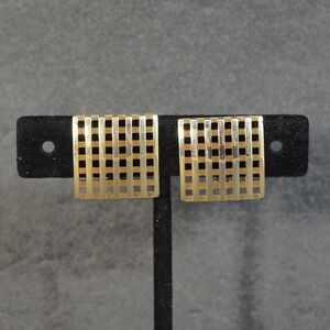 Avon Clip On Earrings Gold Tone Geometric Checkerboard Basketweave Square Grid